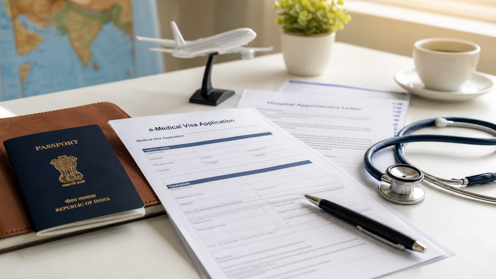 Indian medical visa documents with passport and healthcare travel paperwork